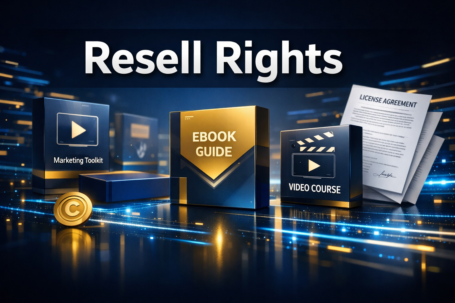 Professional () hero image with 'Resell Rights' in extra large white with dark drop , centered upper-third composition.