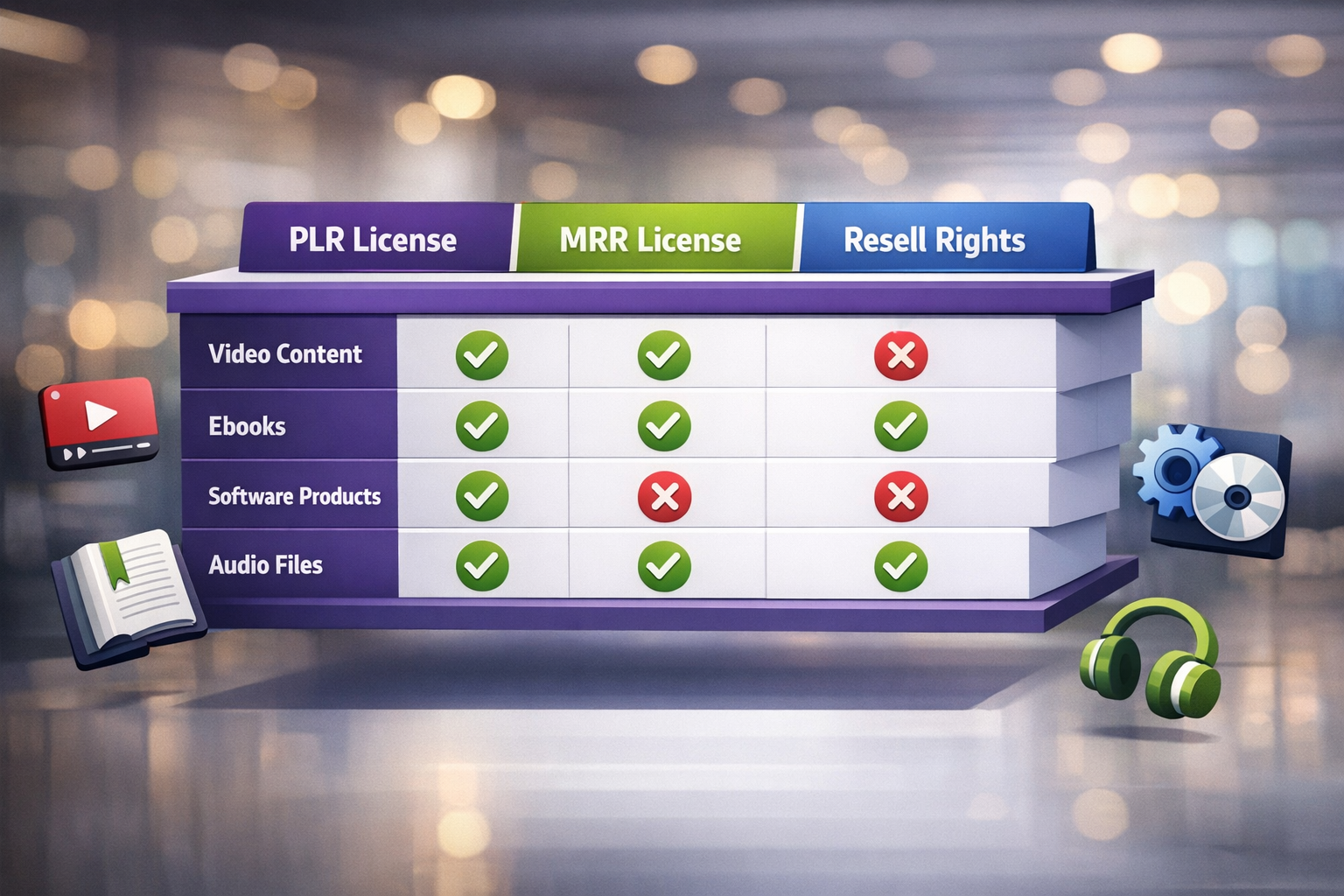 () concept illustration showing a tiered comparison table floating in a modern digital workspace, comparing PLR License vs