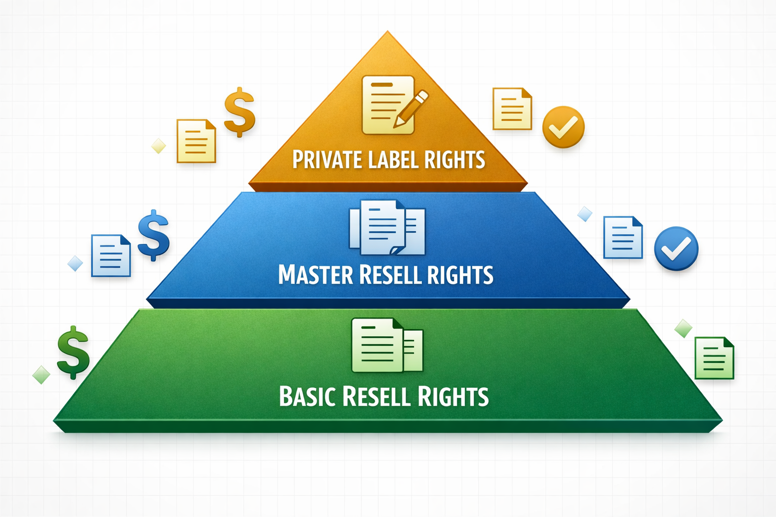 () detailed infographic-style illustration showing the three tiers of resell rights licenses — Basic Resell Rights, Master