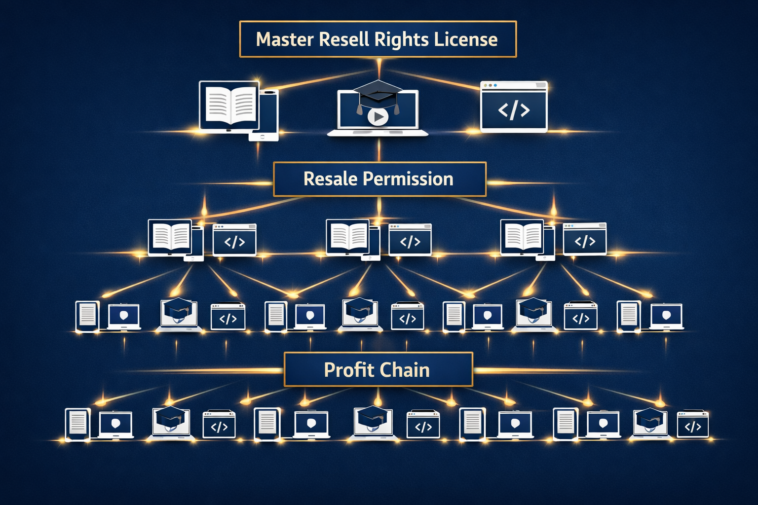 () editorial illustration showing a branching tree diagram of digital product licensing tiers — original creator at the top,