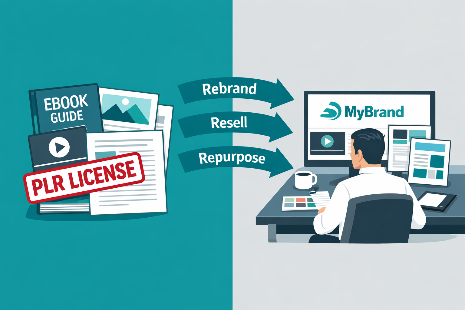 () editorial illustration showing a split-scene concept: on the left, a stack of digital content assets including eBooks,