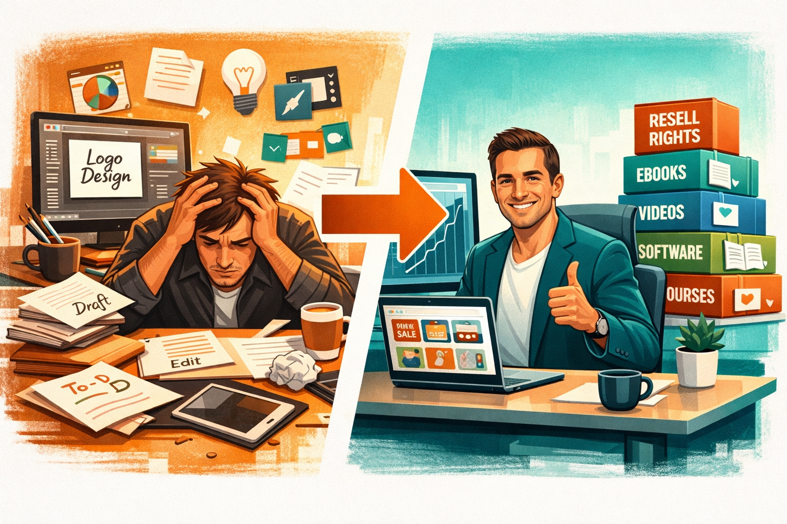() split-scene business illustration contrasting two entrepreneurs: on the left, a person overwhelmed by product creation